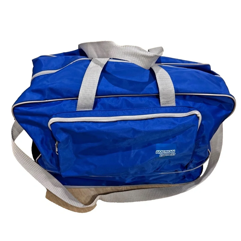 American Express Vintage Expandable Duffle/Gym Bag w/Handles/Shoulder Strap Blue